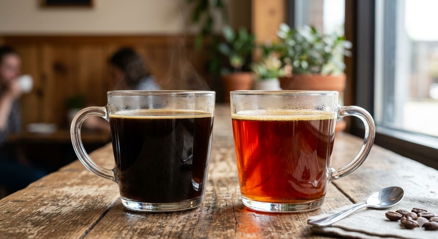 Dois copos de vidro lado a lado mostrando o contraste entre o café preto opaco e o café especial marrom rubi
