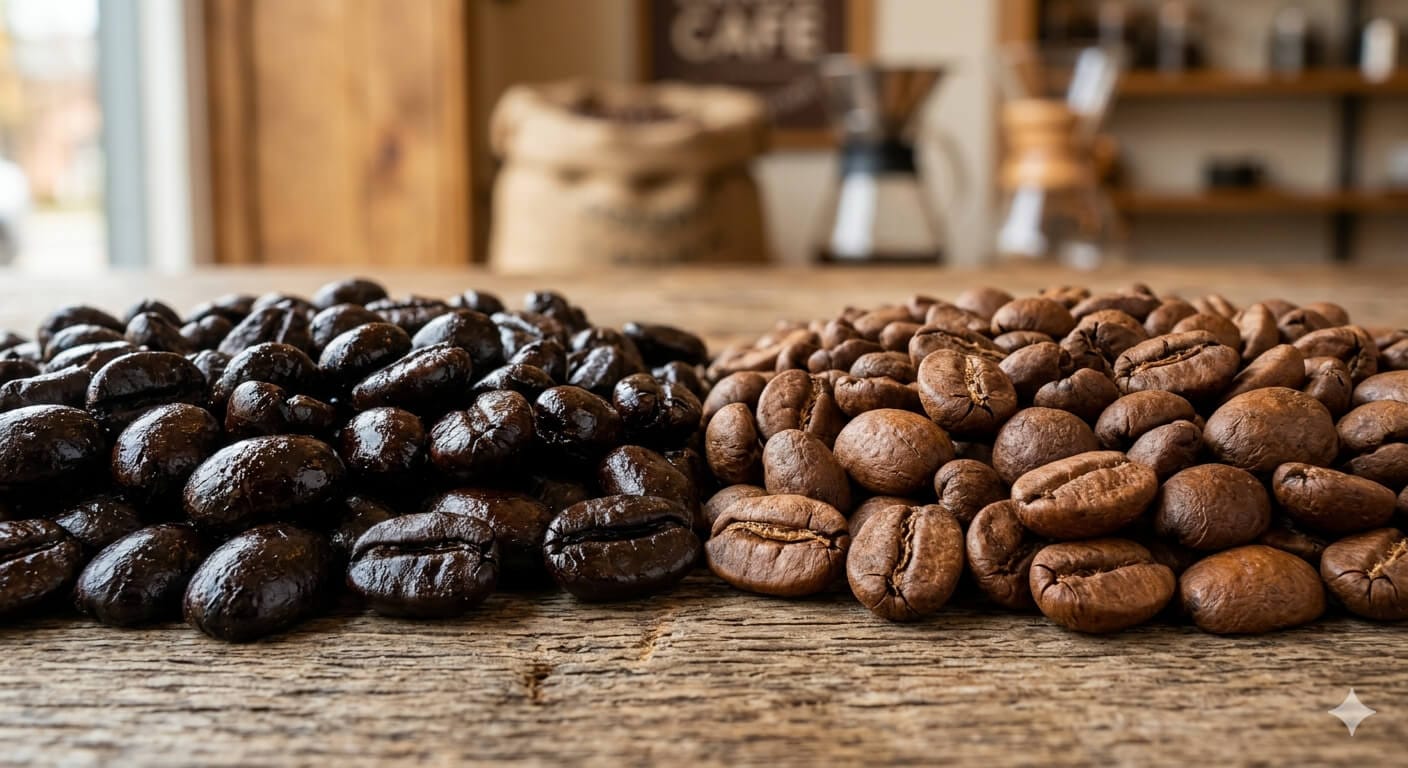 Close nos grãos – Sugestão: Grãos de café tradicional (pretos e brilhantes) ao lado de grãos de café especial (tons de marrom e sem brilho de óleo)
