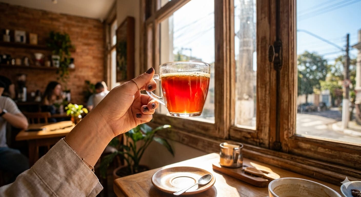 Teste da luz no café especial: Uma xícara de café especial sendo levantada contra a luz, revelando sua transparência e tons avermelhados