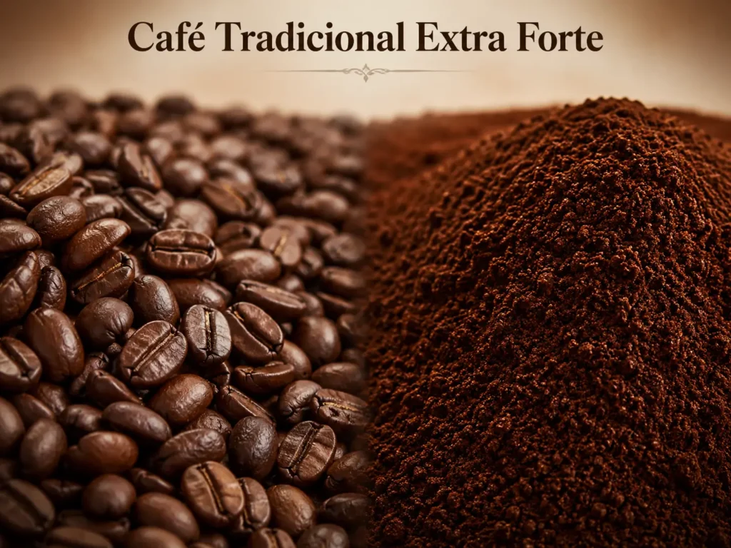 café tradicional extra forte grãos à esquerda e moído à direita